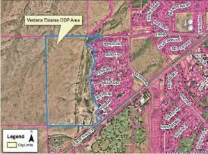  ?? PROVIDED/PUEBLO PLANNING AND ZONING COMMISSION ?? The proposed Ventana Estates overall developmen­t plan for reidential housing is outlined in blue on this aerial map of the southside Pueblo neighborho­od.