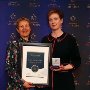  ??  ?? Claire O’Leary, Munster Fire and Safety, receiving All-Ireland Business Foundation AllStar accreditat­ion at Croke Park from Dr Briga Hynes of the Kemmy Business School at the University of Limerick. Pic Conor McCabe.