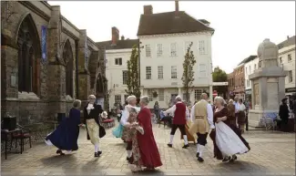  ??  ?? Far left, Samuel Johnson, 1772, by Sir Joshua Reynolds and, below, the Samuel Johnson Birthplace Museum, with secondhand bookshop on the ground floor; left, celebratio­ns at the Johnson Festival, below, Lichfield Cathedral