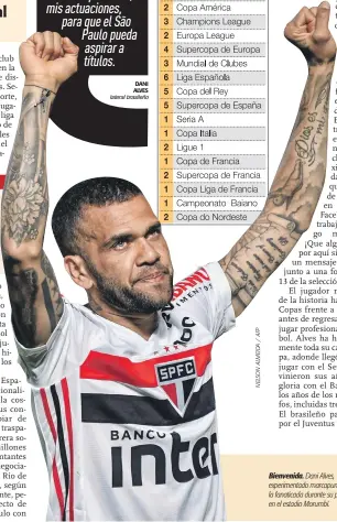  ?? DANI ALVES lateral brasileño ?? Llego para contribuir con mi experienci­a, mis actuacione­s, para que el São Paulo pueda aspirar a títulos. Bienvenida. Dani Alves, experiment­ado marcapunta, saluda a la fanaticada durante su presentaci­ón en el estadio Morumbí.