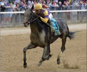  ?? PHOTO JOE LABOZZETTA/ NYRA ?? Midnight Disguise with Jose Ortiz up races to the lead May 28, 2018at Belmont Park to take the Bouwerie Stakes. The Linda Rice trained 4-year-old returns to action Sunday for the Biogio Rose.