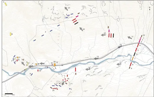  ??  ?? Positions of troops, according to Bastide’s plan, marked on to current topography
This plan is based on an Ordnance Survey digital map reproduced with the permission of HM Stationery Office. © Crown Copyright NTS licence No. 100023880 All other data © National Trust for Scotland