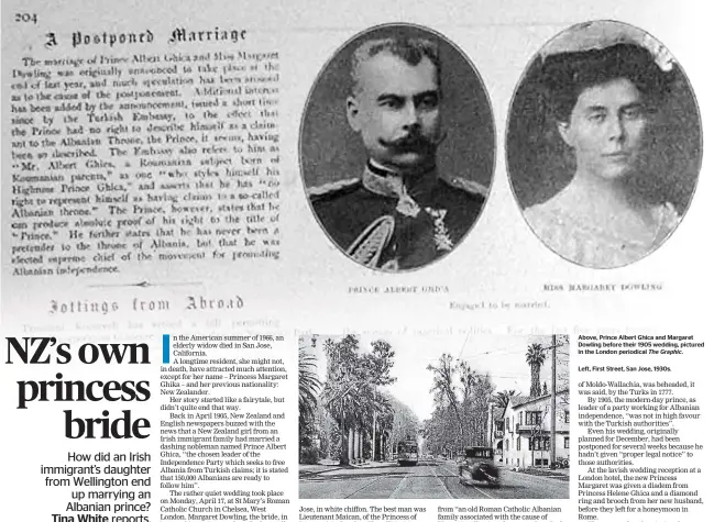  ??  ?? Above, Prince Albert Ghica and Margaret Dowling before their 1905 wedding, pictured in the London periodical The Graphic.
Left, First Street, San Jose, 1930s.