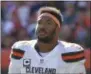  ?? DAVID RICHARD - THE ASSOCIATED PRESS ?? FILE - In this Oct. 14, 2018, file photo, Cleveland Browns defensive end Myles Garrett (95) walks on the field during an NFL football game against the Los Angeles Chargers, in Cleveland.