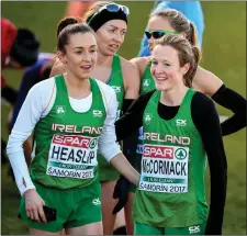  ??  ?? Shona Heaslip and Fionnuala McCormack, front, and Lizzie Lee and Kerry O’Flaherty, back, after competing for Ireland in the Senior Women’s event at the European Cross-Country Championsh­ips at Samorin in Slovakia. Photo bySportsfi­le