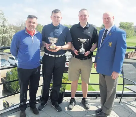  ??  ?? Winners Robert McIlroy, Captain Elderslie G.C., Euan McNeill with winner of the Caven Trophy, Stewart Watt, winner of the Menzies Trophy and Derek McGlynn, RGU President