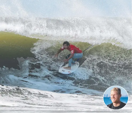  ??  ?? Julian Wilson rides a wave in Portugal where he is rooming with retiring Gold Coast surfer Bede Durbidge (inset). Main picture: WSL