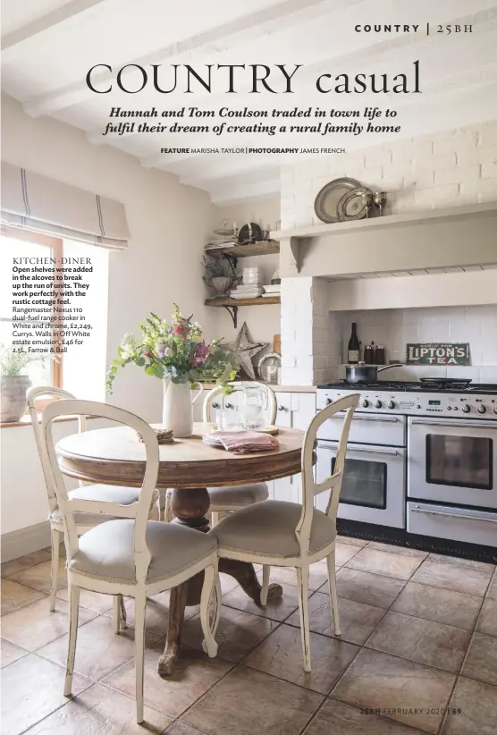  ??  ?? KITCHEN-DINER Open shelves were added in the alcoves to break up the run of units. They work perfectly with the rustic cottage feel. Rangemaste­r Nexus 110 dual-fuel range cooker in White and chrome, £2,249, Currys. Walls in Off White estate emulsion, £46 for 2.5L, Farrow & Ball