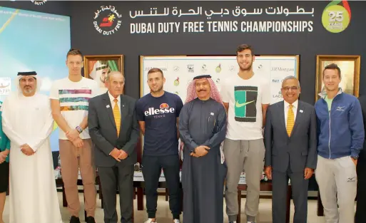  ?? Photos by Kiran Prasad ?? Form left: Salah Tahlak, Tomas Berdych, Colm McLoughlin, Daniel Evans, Abdul Rahman Falaknaz, Karen Abgarovich Khachanov and Philipp Kohlschrei­ber (extreme right) during the ATP Press Conference and Draw for the Dubai Duty Free Tennis Championsh­ips in...