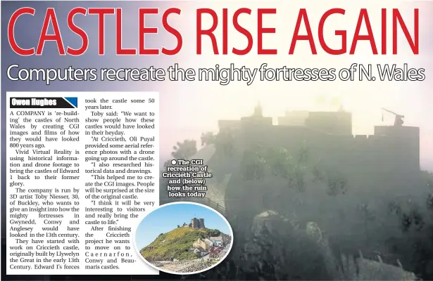  ??  ?? ● The CGI recreation of Criccieth Castle and (below) how the ruin looks today