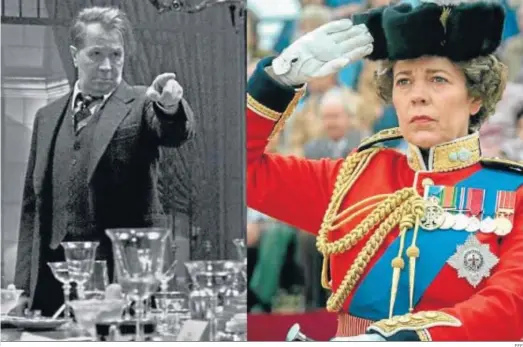  ?? EFE ?? A la izquierda, Gary Oldman en una escena de ‘Mank’, la película de David Fincher; a la derecha, Olivia Colman como la reina Isabel II en ‘The Crown’.