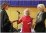  ??  ?? Chester County Coroner Christina VandePol is sworn in by President Judge Jacqueline C. Cody at ceremonies held at West Chester University Sykes ballroom Wednesday. Holding the Bible is Dr. Nora Morgenster­n, who studied with VandePol at the University...