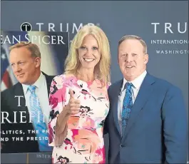  ?? ASTRID RIECKEN — THE WASHINGTON POST ?? Former White House press secretary Sean Spicer, right, has his picture taken with Presiden Donald Trump adviser Kellyanne Conway at Saturday’s book signing.