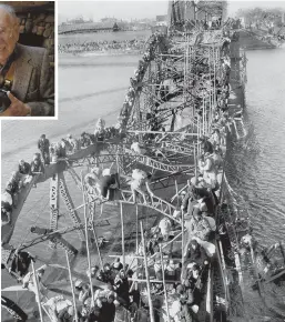  ?? AP FILE PHOTOS ?? PULITZER PRIZE: Residents from Pyongyang, North Korea, and refugees flee south in 1950 to escape the advance of Chinese Communist troops. Max Desfor, top left, shown in 2012 at his 99th birthday party, risked his life to photograph the Korean War.