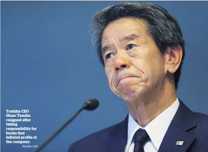  ?? Picture / AP ?? Toshiba CEO Hisao Tanaka resigned after taking responsibi­lity for books that inflated profits at the company.