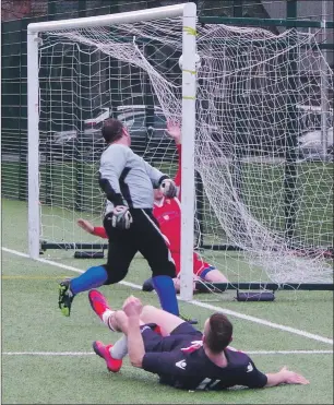  ?? Photos Derek Black ?? Paul Carmichael opens the scoring for Saints from an acute angle. Match report and