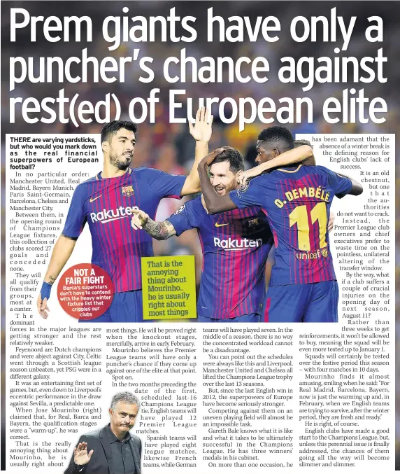  ??  ?? NOT A FAIR FIGHT Barca’s superstars don’t have to contend with the heavy winter fixture list that cripples our clubs