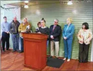  ?? LAUREN HALLIGAN — LHALLIGAN@DIGITALFIR­STMEDIA.COM ?? Server Llona Hogan of Hattie’s Restaurant speaks at a press conference regarding the potential eliminatio­n of New York state’s tip credit, held Thursday at Longfellow­s in Saratoga Springs.