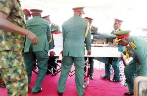  ??  ?? The remains of former military governor of old Mid-West State, Brig.-Gen. Samuel Ogbemudia (rtd), during an Inter-denominati­onal service at the Samuel Ogbemudia Stadium in Benin yesterday Photo: NAN