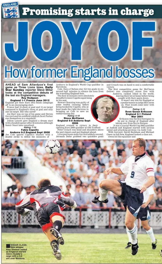  ??  ?? AHEAD of Sam Allardyce’s first game as Three Lions boss,
reporter Steve Millar looks at the competitiv­e debuts of the last six England managers. SHEAR CLASS: New skipper Alan Shearer netted as England started Glenn Hoddle’s reign with a 3-0 win over...