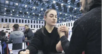  ?? ?? Turkish arm-wrestler Rabia Kayahan (L) trains with her coach Davut Altuntaş, Gümüşhane, Türkiye, March 1, 2024.