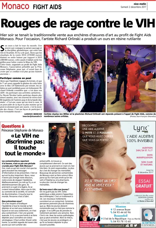  ?? (Photos Jean-François Ottonello) ?? Les contaminat­ions repartent à la hausse, n’est-ce pas une période cruciale pour Fight Aids Monaco ? L’artiste niçoise Jen Miller et le plasticien Richard Orlinski ont répondu présent à l’appel de Fight Aids, comme de nombreux autres artistes.