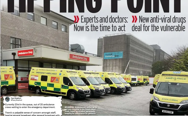  ?? ?? SCANDAL Ambulances queue up to get into hospital in the South West. Inset, tweet by student paramedic begging for assistance for patients