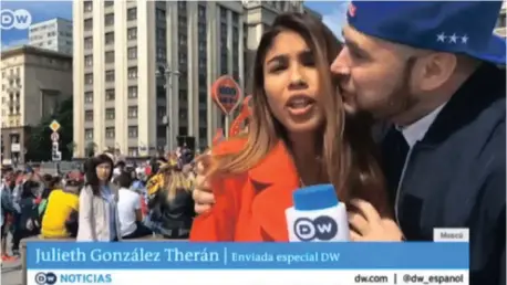  ??  ?? JULIETH Gonzalez Theran, a Columbian television journalist, was groped while reporting on the World Cup in Russia, but kept right on with her broadcast..