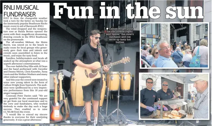  ??  ?? ● Callum Wright plays for the crowds (right) and, below, the crew’s mechanic and cox serve up tasty hot butties