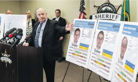  ?? IAN TERRY /VIA THE ASSOCIATED PRESS ?? Det. Jim Scharf presents new age-progressio­n images rendered using phenotype technology of a potential suspect in the unsolved case of the 1987 double homicide of Jay Cook and Tanya Van Cuylenborg in Washington state.