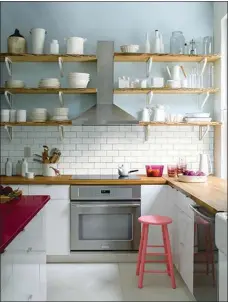  ??  ?? A country kitchen is powered up with a focal point island counter and painted stool.