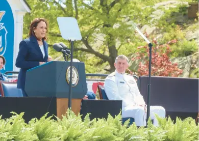  ?? SEAN FOWLER/SPECIAL TO THE COURANT ?? Vice President Kamala Harris speaks during the Coast Guard Academy’s commenceme­nt at Cadet Memorial Field on Wednesday in New London.