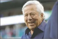  ?? The Associated Press ?? CHARGES DROPPED: New England Patriots owner Robert Kraft walks on the field Feb. 2 before NFL Super Bowl 54 between the San Francisco 49ers and Kansas City Chiefs in Miami Gardens, Fla. Florida prosecutor­s dropped a misdemeano­r charge against Kraft on Thursday saying they couldn’t go forward after courts blocked their use of video that allegedly shows him paying for massage parlor sex.