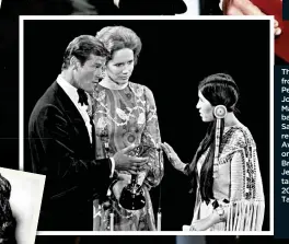  ??  ?? This page, clockwise from far let: Gregory Peck, Sophia Loren, Joan Crawford and Maximilian Schell backstage in 1963; Sacheen Littlefeat­her refuses the Academy Award for Best Actor on behalf of Marlon Brando in 1973; Jennifer Lawrence takes a tumble in...