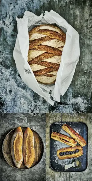  ??  ?? Clockwise from top A sourdough loaf; almond and cherry slices; rustic baguettes