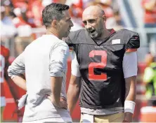  ?? Jeff Chiu / Associated Press ?? Quarterbac­k Brian Hoyer and coach Kyle Shanahan were together before for one disastrous season in Cleveland in 2014.