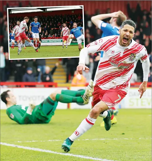  ?? PICTURES: TGSPHOTO ?? GOOD ANUFF: Jobi McAnuff celebrates scoring Stevenage’s third goal as, inset, Matt Godden notches the second