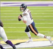  ?? JEFF HAYNES/AP ?? Bears quarterbac­k Mitch Trubisky looks to pass against the Vikings on Sunday in Minneapoli­s.