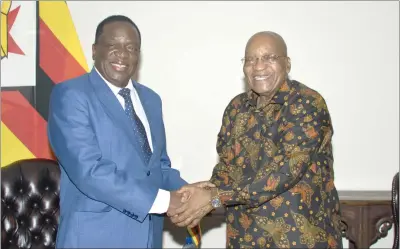  ?? — (Picture by Manfred Takaendesa) ?? President Emmerson Mnangagwa is welcomed by his South African counterpar­t President Jacob Zuma in Pretoria, South Africa, on Thursday.