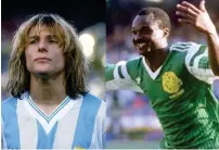  ?? ?? Claudio Caniggia (left) was dropped from the 1998 Argentina World Cup team for his hairstyle. Roger Milla came out of retirement and became a hero for Cameroon at the 1990 World Cup. — twitter