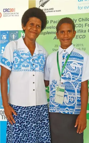  ?? Photo: Nicolette Chambers ?? Young climate change activist, Timoci Naulusala (right) with his mother, Raijeli Naulusala (left) at the 2019 Pacific Early Childhood Developmen­t Forum at the Sheraton Fiji Resort in Nadi on October 25, 2019.