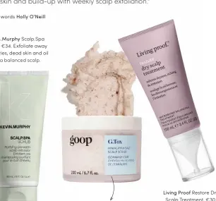  ??  ?? Kevin.Murphy Scalp.Spa Scrub, €34. Exfoliate away impurities, dead skin and oil
for a balanced scalp.
Goop G.Tox Himalayan Salt Scalp Scrub Shampoo, €43.75. Gwyneth Paltrow’s whipped shampoo contains Himalayan salt crystals to scrub and purify.
Living Proof Restore Dry Scalp Treatment, €30. Section the hair and apply directly to soothe itchiness and hydrate
flaky-prone scalps.