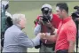  ?? DARRON CUMMINGS - AP ?? Jon Rahm, of Spain, right, is congratula­ted by Jack Nicklaus after winning the Memorial golf tournament, Sunday in Dublin, Ohio.