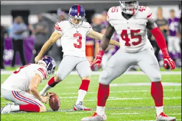  ?? GETTY IMAGES ?? Giants kicker Josh Brown, who was suspended one game over a case of domestic violence, is under NFL scrutiny again and will not travel with team to London.