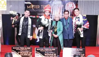  ??  ?? Sofea (centre) and Chrisanto (second right) with the top three winners of Mister Teen Globe Internatio­nal 2019.