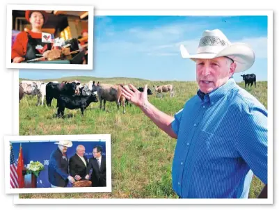  ?? AMY HE / CHINA DAILY, AP ?? Rancher Jay Wolf of Bartlett, Nebraska, shows off some of his cattle. Top inset: A hostess holds a tray of sliced US beef at an event to celebrate its re-introducti­on to China in Beijing on June 30. Bottom inset: At the same event, US Agricultur­e...