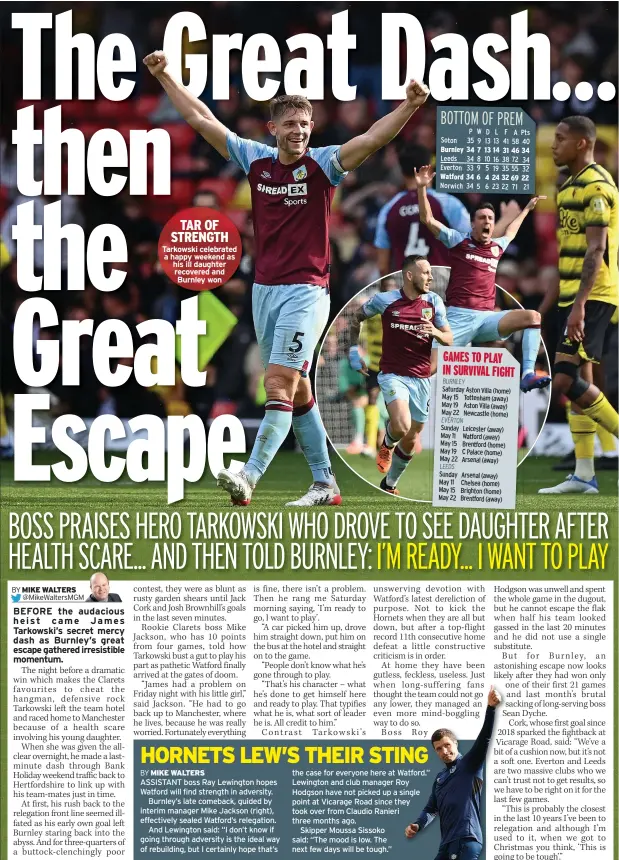  ?? ?? TAR OF STRENGTH Tarkowski celebrated a happy weekend as his ill daughter recovered and
Burnley won