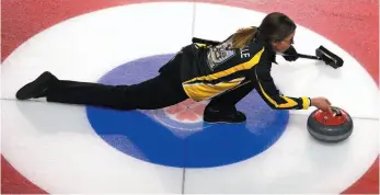  ?? CP PHOTO ?? Northern Ontario skip Krista McCarville delivers a rock as her rink takes on Manitoba during the Scotties Tournament of Hearts in St. Catharines, Ont., on Monday.