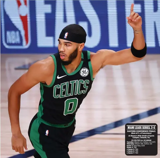 ?? getty imageS ?? ‘QUITE A SEASON’: Celtics forward Jayson Tatum reacts to a shot during the first quarter of Game 2 of the Eastern Conference Finals against the Miami Heat on Thursday night in Lake Buena Vista, Fla.