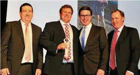  ?? PHOTOS: CONTRIBUTE­D ?? GROWING ACHIEVEMEN­T: (From left) Monsanto Australia managing director Tony May, Cotton Grower of the Year Brett Corish, Federal Minister for Agricultur­e and Water Resources David Littleprou­d and Cotton Australia chairman Hamish McIntyre.